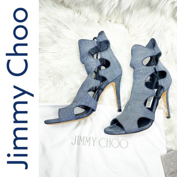 JIMMY CHOO BLUE DENIM LUCKY PEEP TOE HEELS CUT OUT DETAIL, EU 37 - Picture 3 of 12